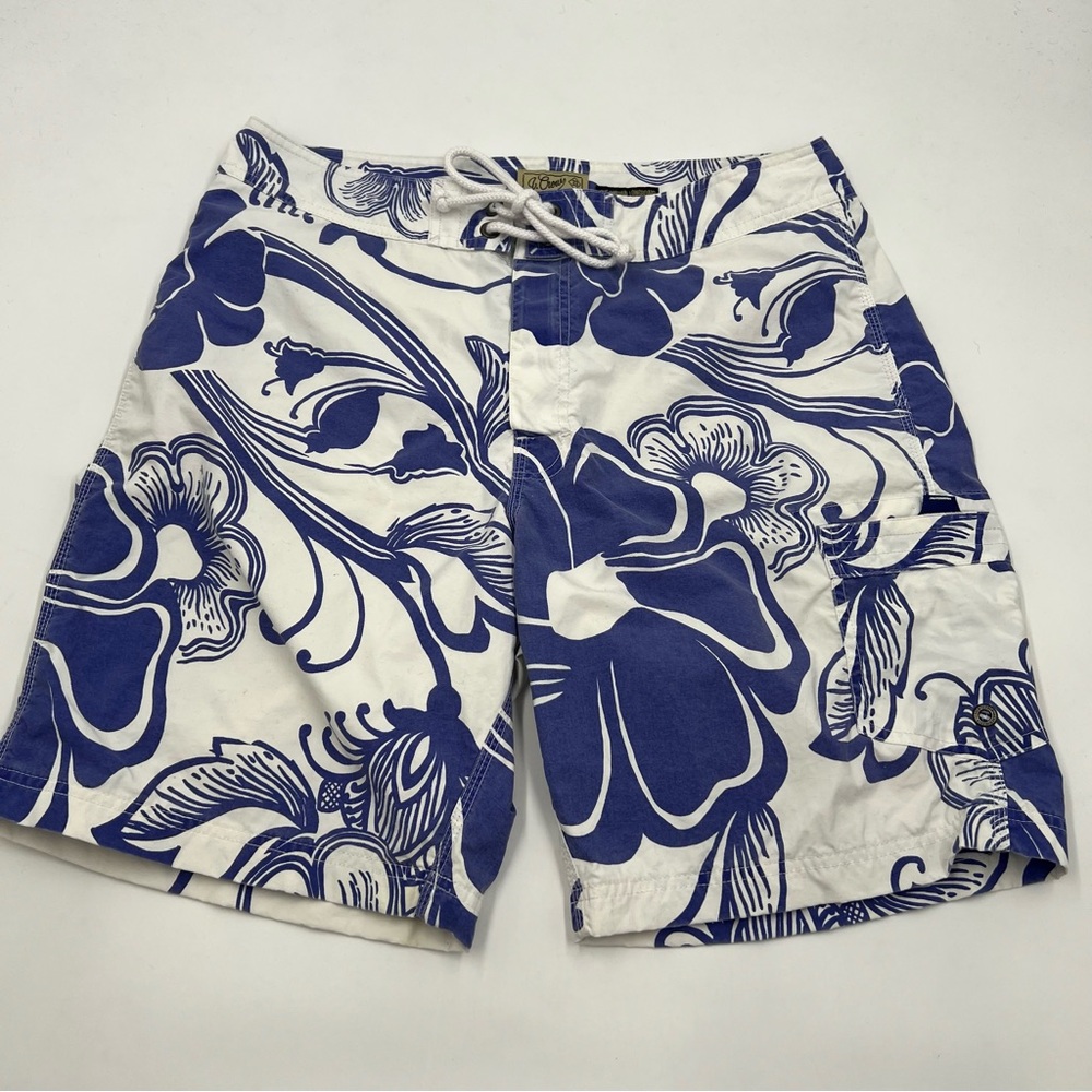 vintage J.Crew Mens Blue White Floral HibiOriginal Longboard Swim Shorts Size 33